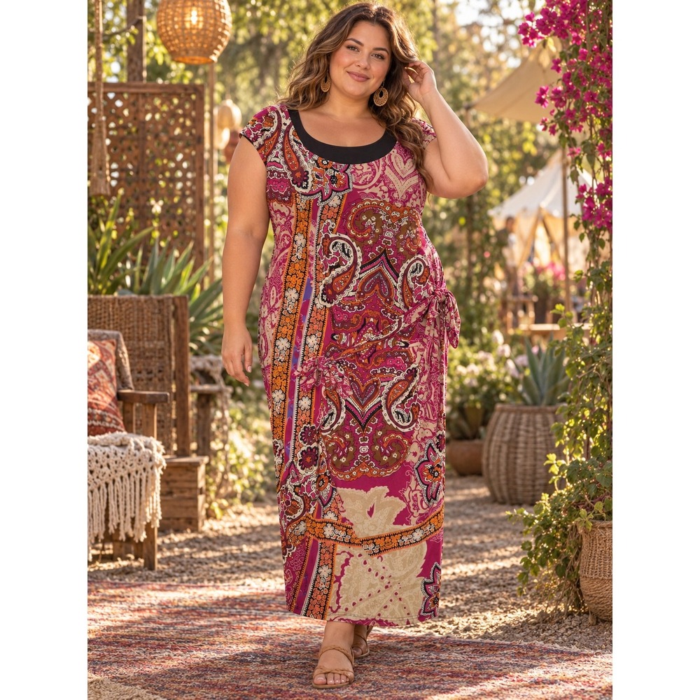 Mlle Gabrielle Paisley Long Dress Women 3X Fuchsia Boho Maximalist Side Tie